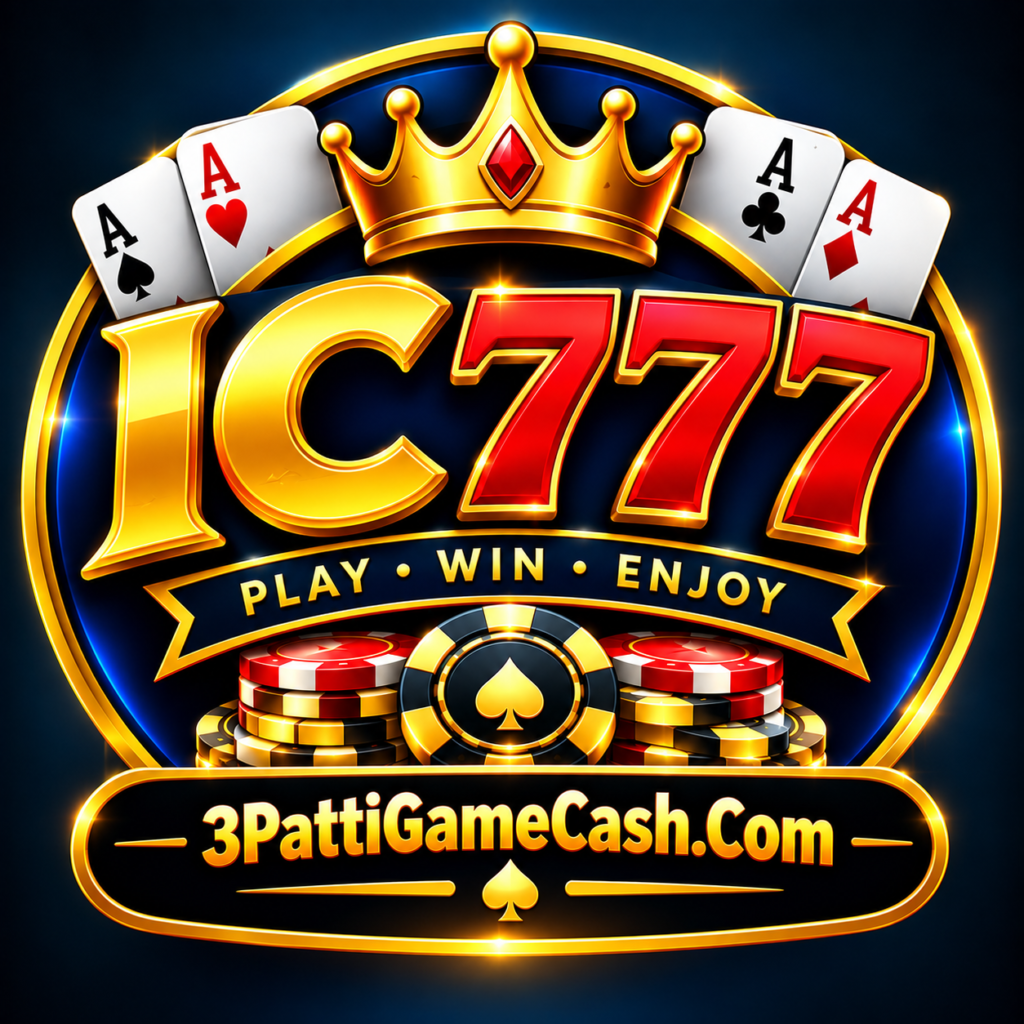 Alternative Text: IC777 Game logo with crown, playing cards, poker chips, and 3PattiGameCash.Com website name.