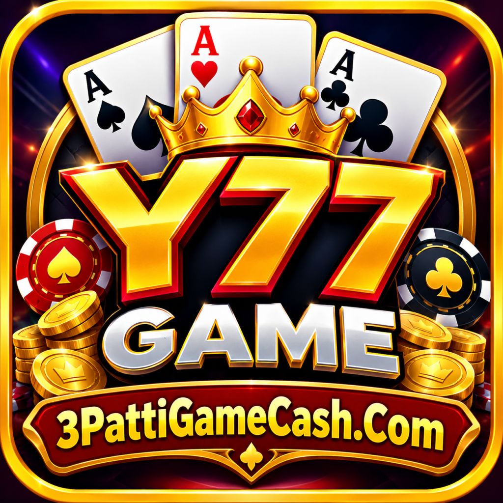 Y77 Game logo with playing cards, golden crown, poker chips, and bold gaming design.