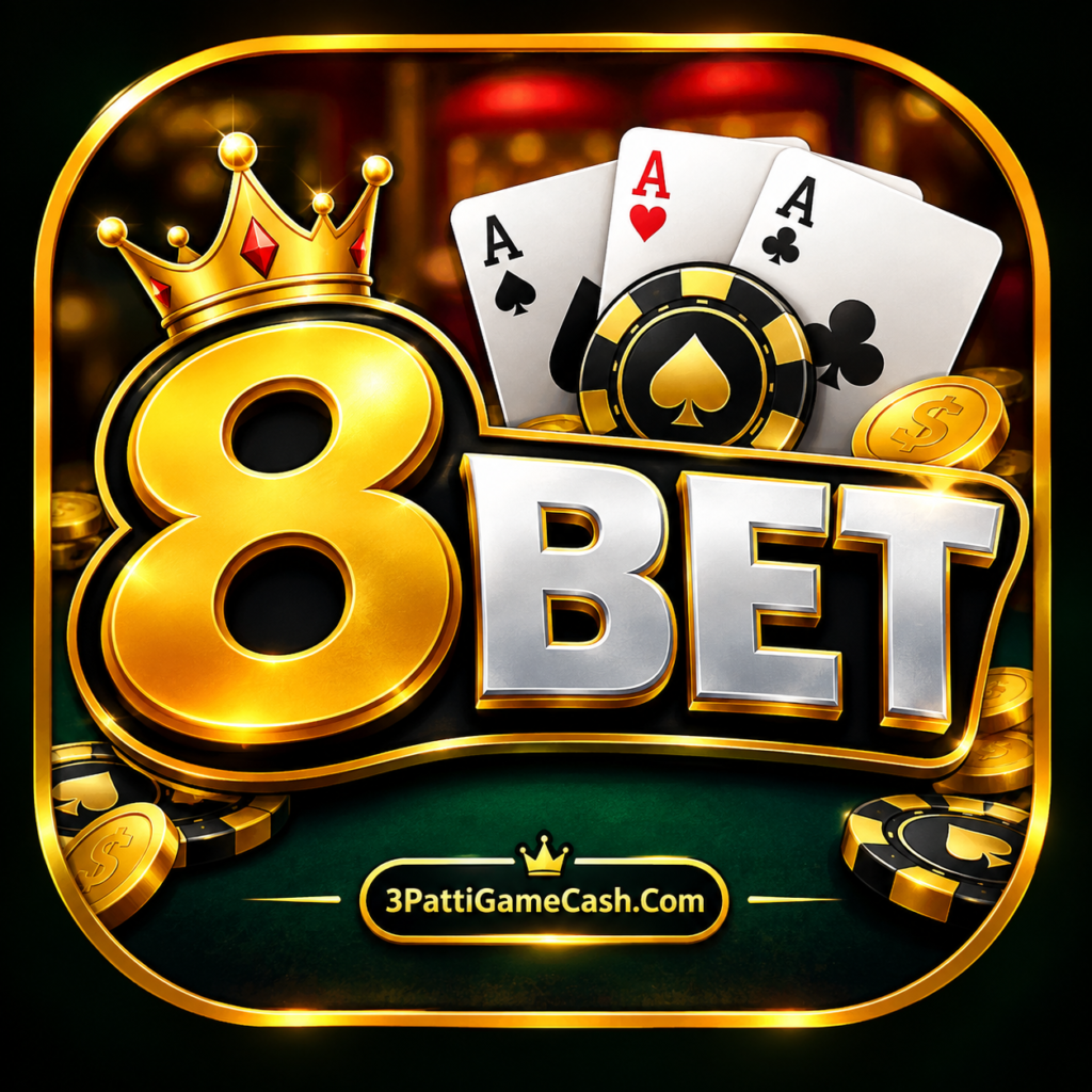 8BET Game logo with casino cards, poker chips, gold 8BET text, and 3PattiGameCash.Com branding
