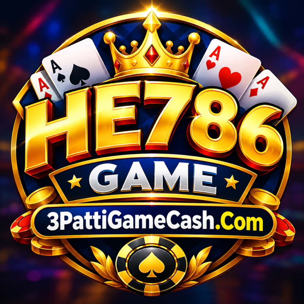 HE786 Game registration page with a mobile sign-up form, HE786 logo, register now button, playing cards, poker chips, and 3PattiGameCash.Com branding.