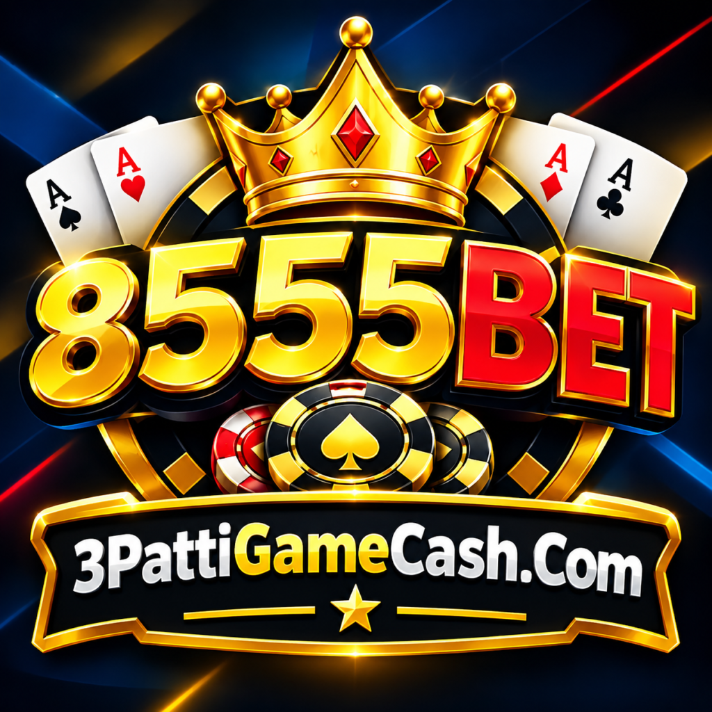 8555BET Game login page with 3PattiGameCash.Com branding, username and password fields, and a gold login button.