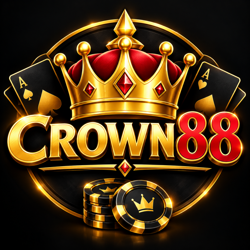 Crown88 Game logo with golden crown, red details, poker cards, and casino chips.