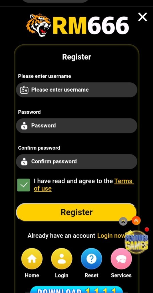 RM666 Game registration and login screen