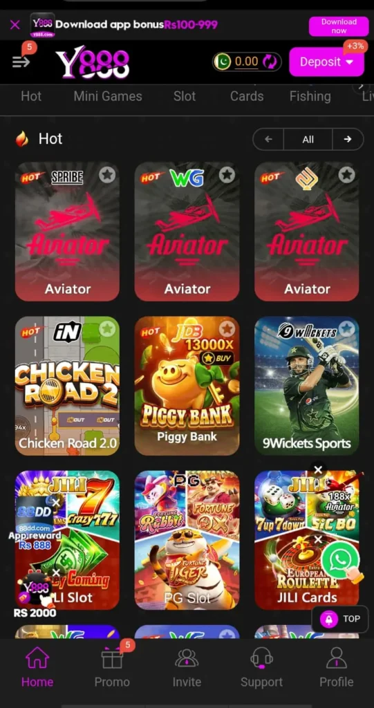 Y888 Game mobile gaming interface