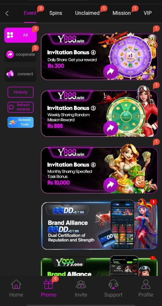 Y888 Game deposit and account section