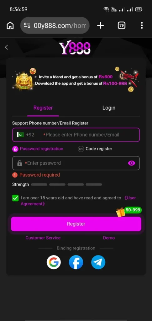 Y888 Game registration page for new users