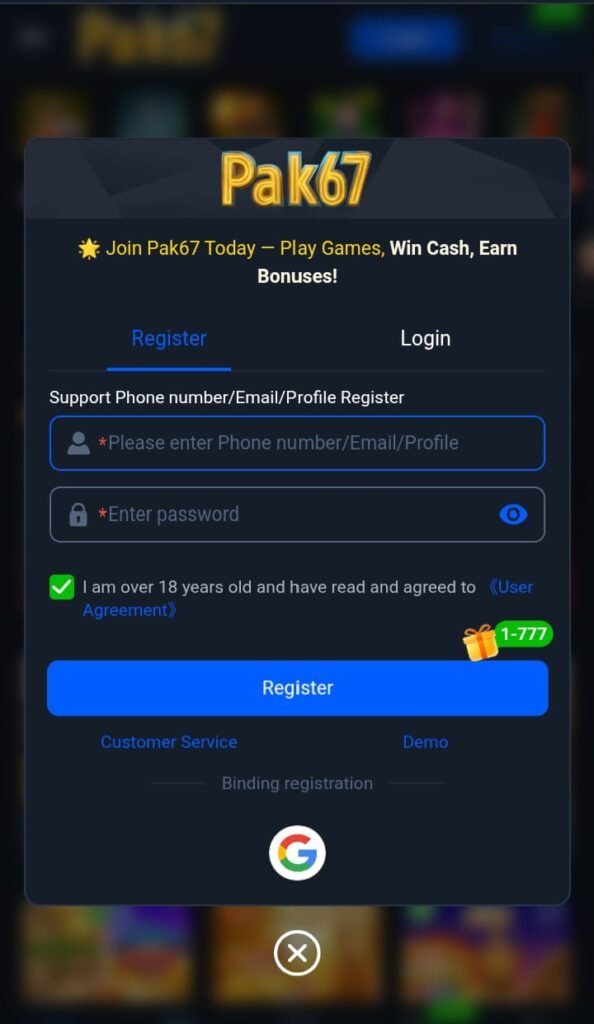 User registration screen for an online game