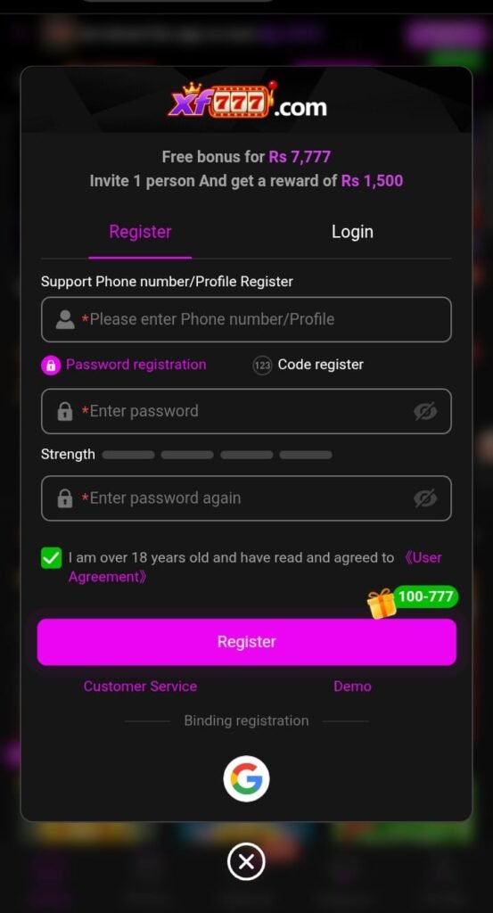 XF777 registration page for new users