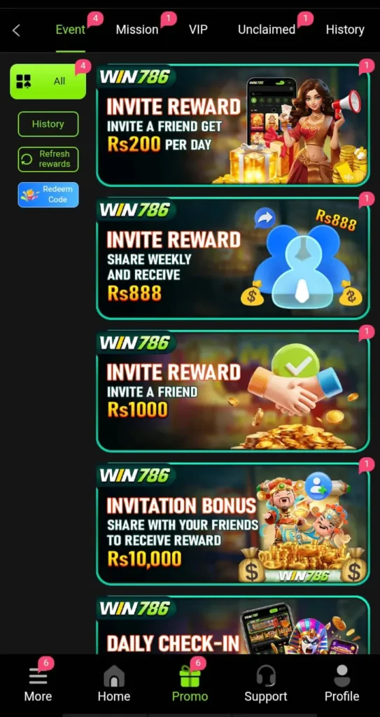 WIN786 promotional rewards page with invite bonuses and daily offers