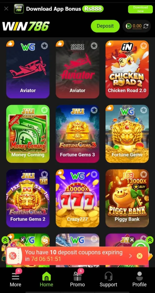 WIN786 mobile game lobby showing Aviator, Fortune Gems and other games