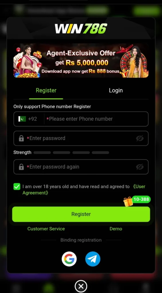 WIN786 game registration screen with phone number and password fields