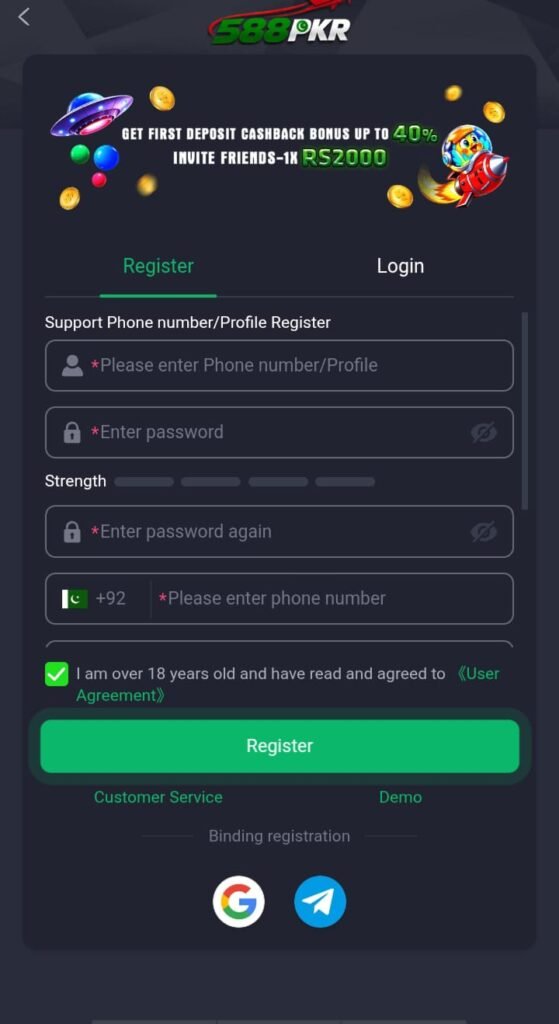 588PKR Game registration page for new users