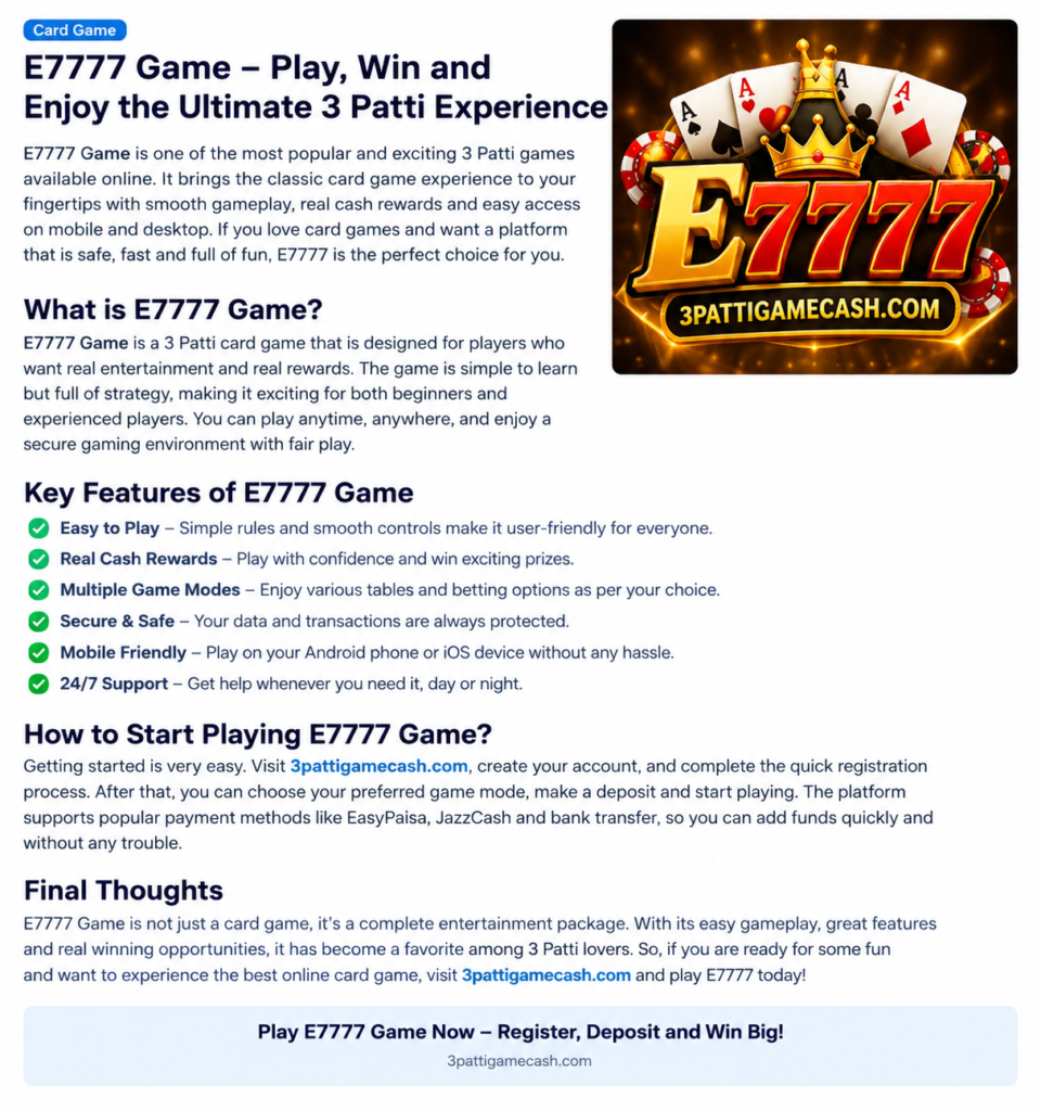 E7777 Game Pakistan 2026 – Android App, Registration and Bonus Guide
